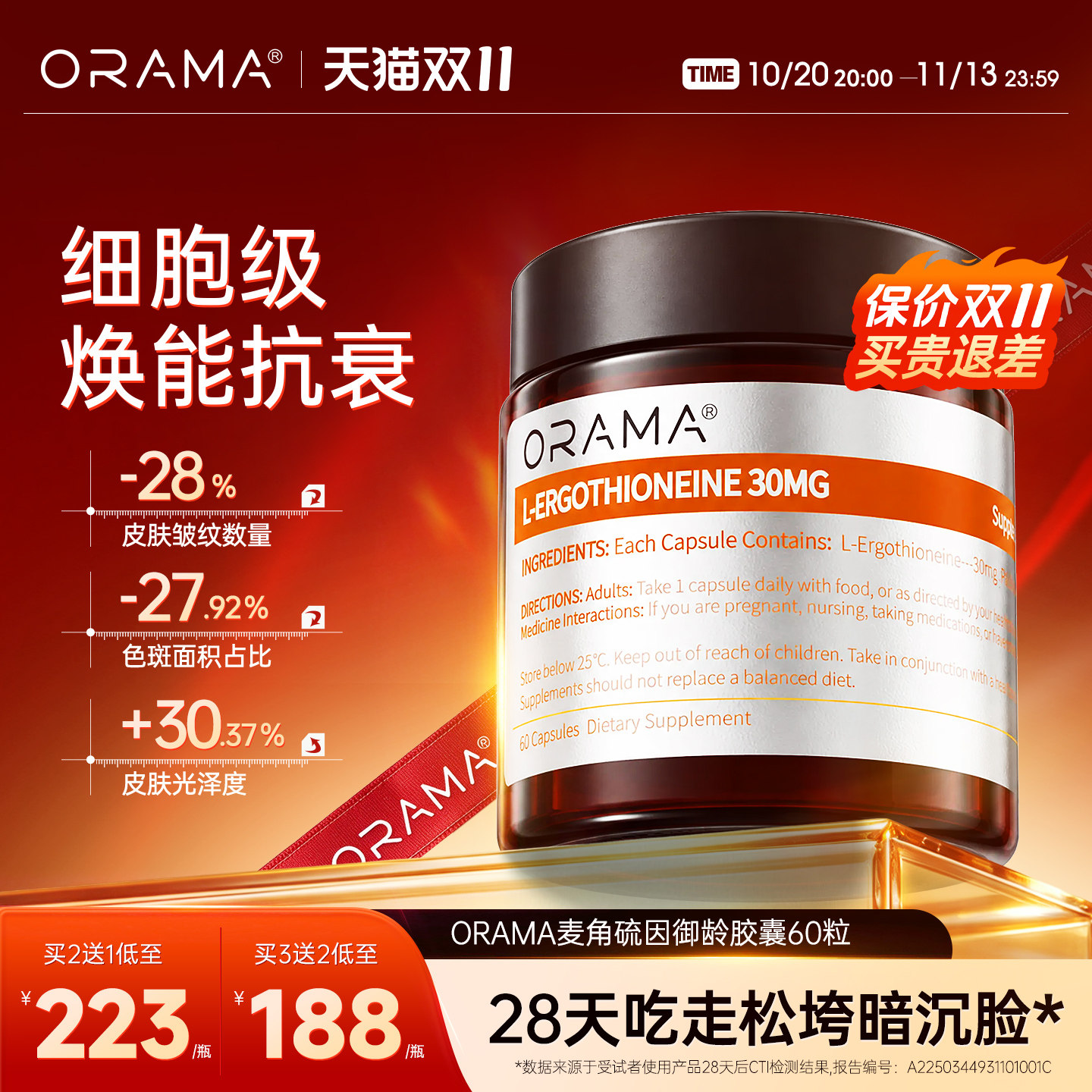 ORAMA左旋麦角硫因胶囊PQQ高含量K衰高纯度99.99%抗氧化官方旗舰