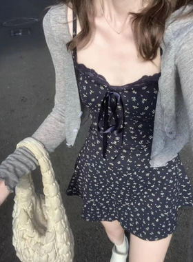 Jody法式蓝色碎花吊带连衣裙女秋季新款高级感小个子甜辣妹短裙子