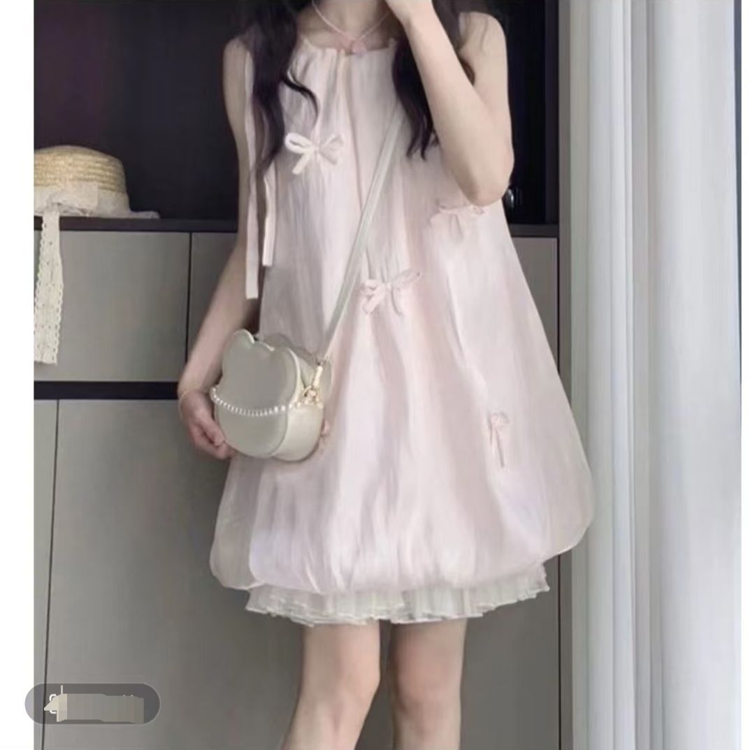 甜美温柔可爱粉色蝴蝶结花苞连衣裙女学生夏季新款宽松显瘦短裙子
