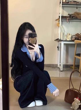 Jody 韩系格纹假两件polo领长袖t恤女秋冬高级感