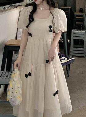 Jody胖mm方领裙子甜美蝴蝶结泡泡袖仙女裙子法式复古温柔风连衣裙