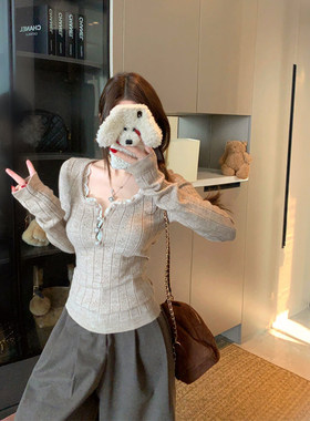 蕾丝拼接镂空长袖针织衫女纯欲风冬季高级感修身显瘦内搭打底上衣