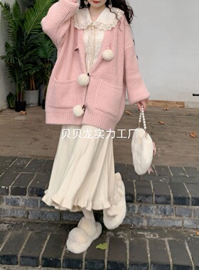 Jody秋冬新款一整套宽松毛衣外套蕾丝打底针织半身裙子三件套装女