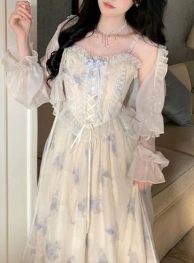 Jody两件/套装法式甜美网纱蝴蝶结拼接吊带连衣裙+女学生防晒外搭