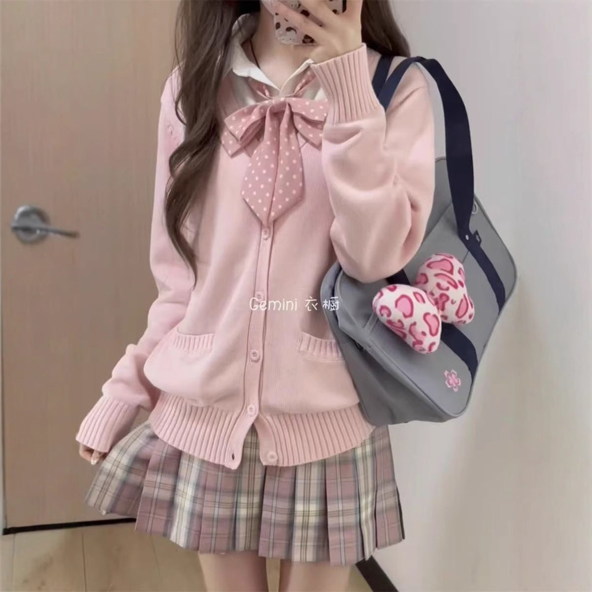 jk制服通勤薄款针织衫秋冬穿搭漫感长袖樱花衬衫青春感裙子整套装