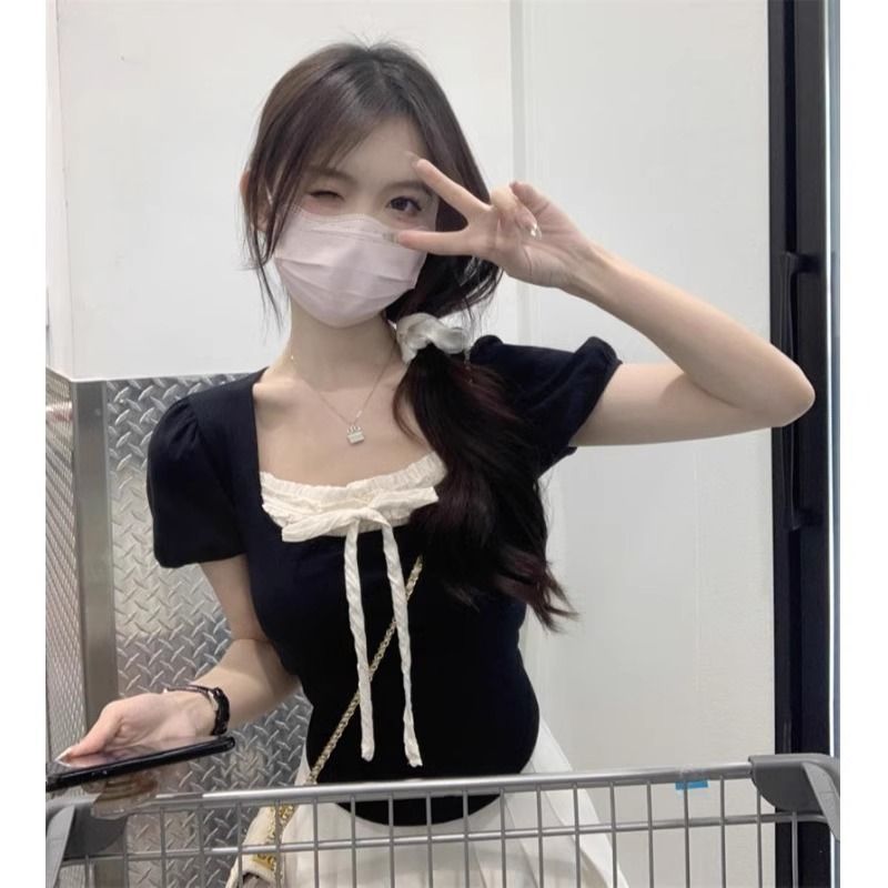 纯欲风芭蕾蝴蝶结蕾丝短款T恤夏季短袖新款甜辣泡泡修身短款上衣
