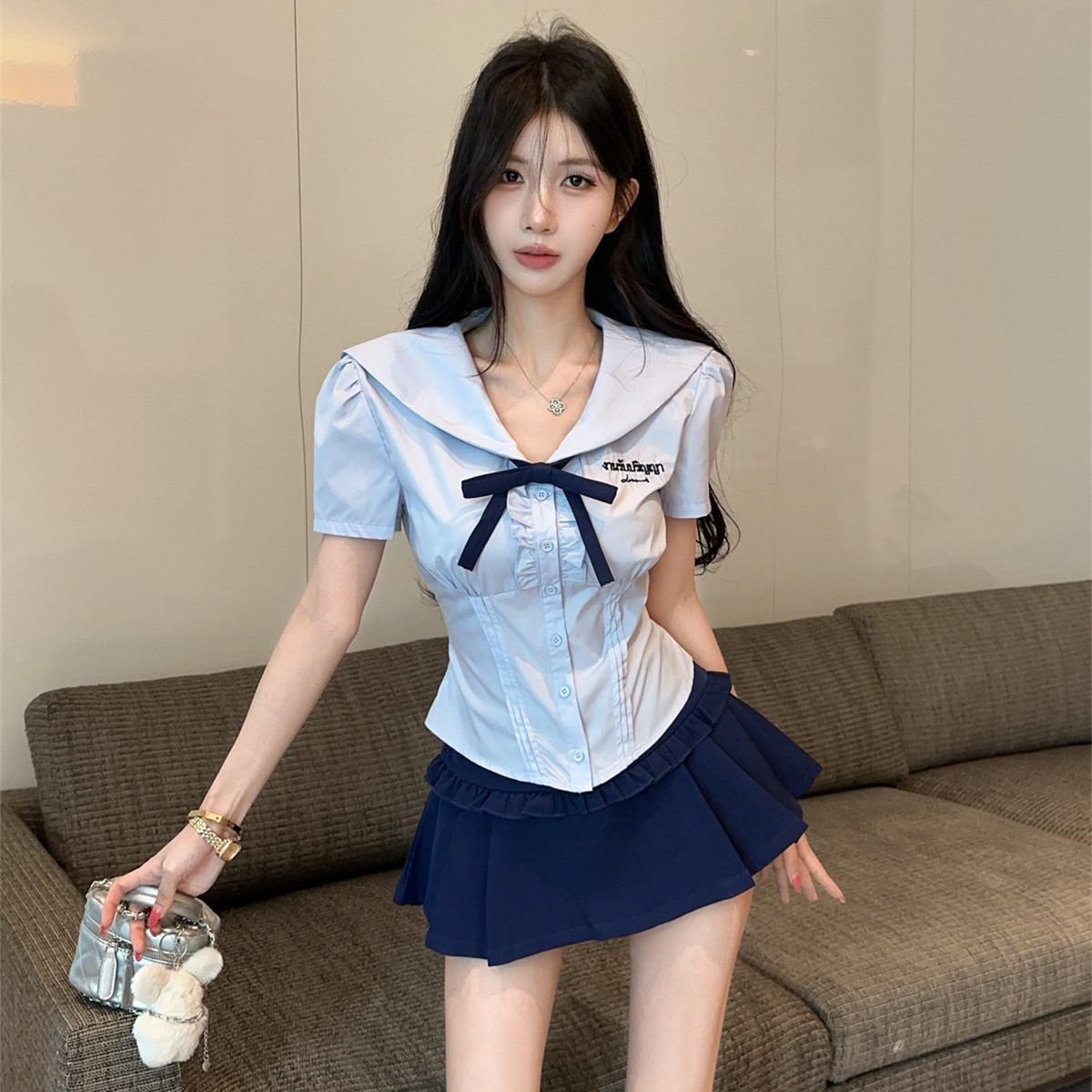 学院风jk套装纯欲减龄娃娃领衬衫上衣高腰百褶半身裙裤