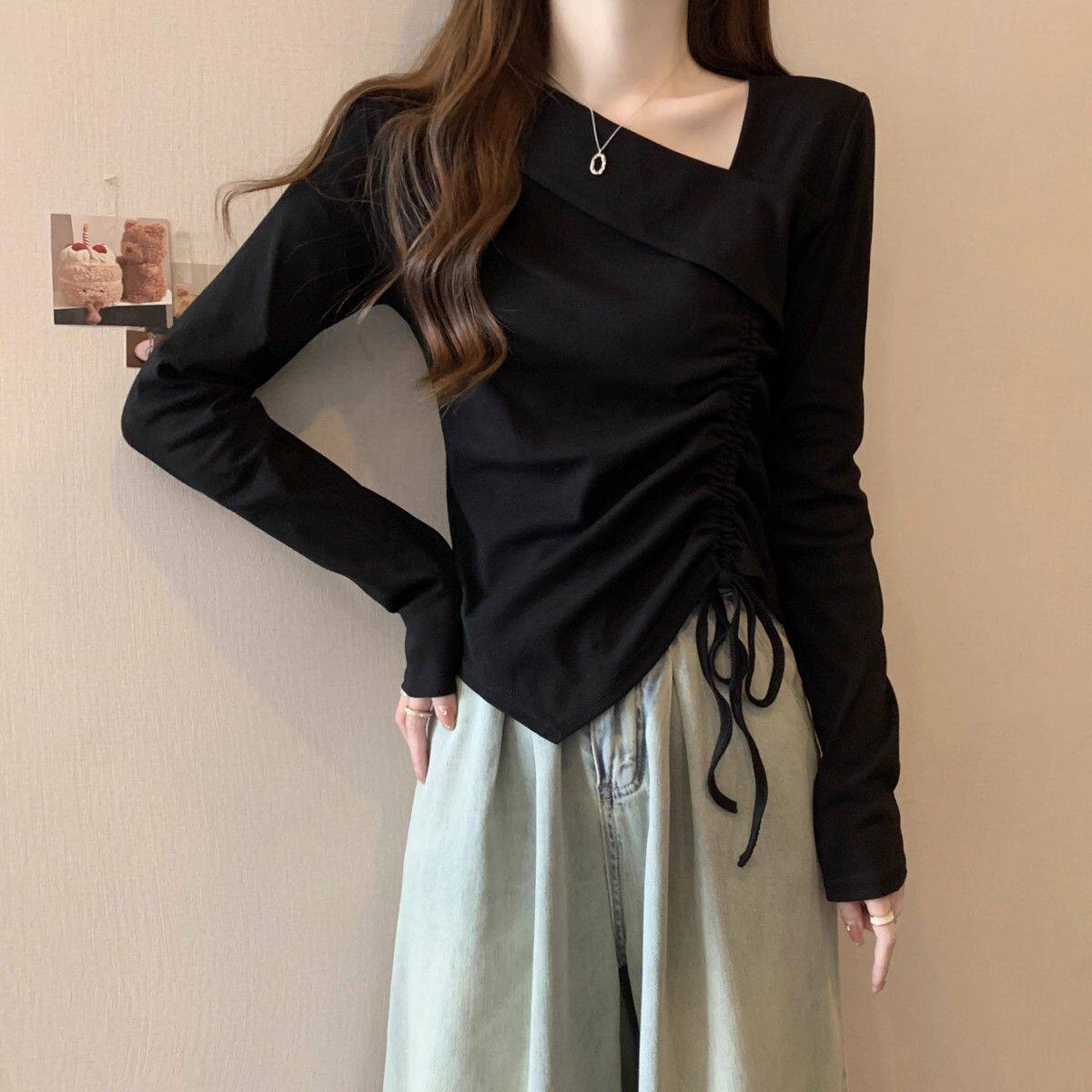 大码抽绳胖mm不规则长袖t恤女2025秋季设计感显瘦内搭打底衫上衣