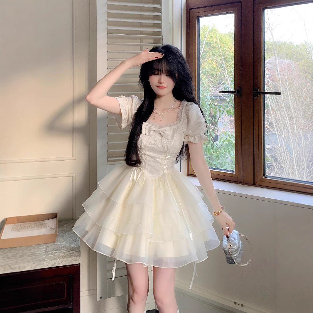 Blovelan清风铃兰甜美公主风蝴蝶结欧根纱短款连衣裙蓬蓬裙女春夏