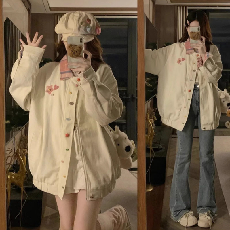 新款甜美格子翻领学生外套女2025春季ins设计感宽松百搭夹克上衣