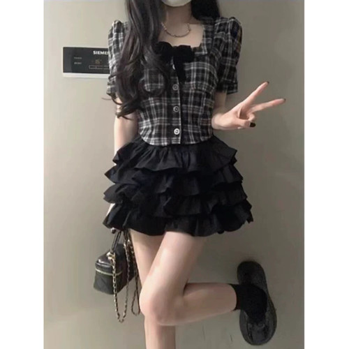 夏季jk制服法式复古黑白格纹方领衬衫学院风收腰蛋糕短裙两件套装