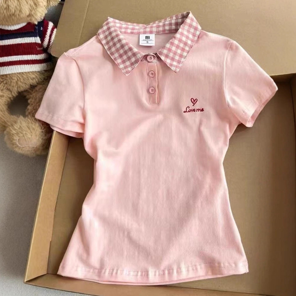 韩系甜美粉色POLO领短袖T恤女夏季新款格子拼接设计感正肩上衣服