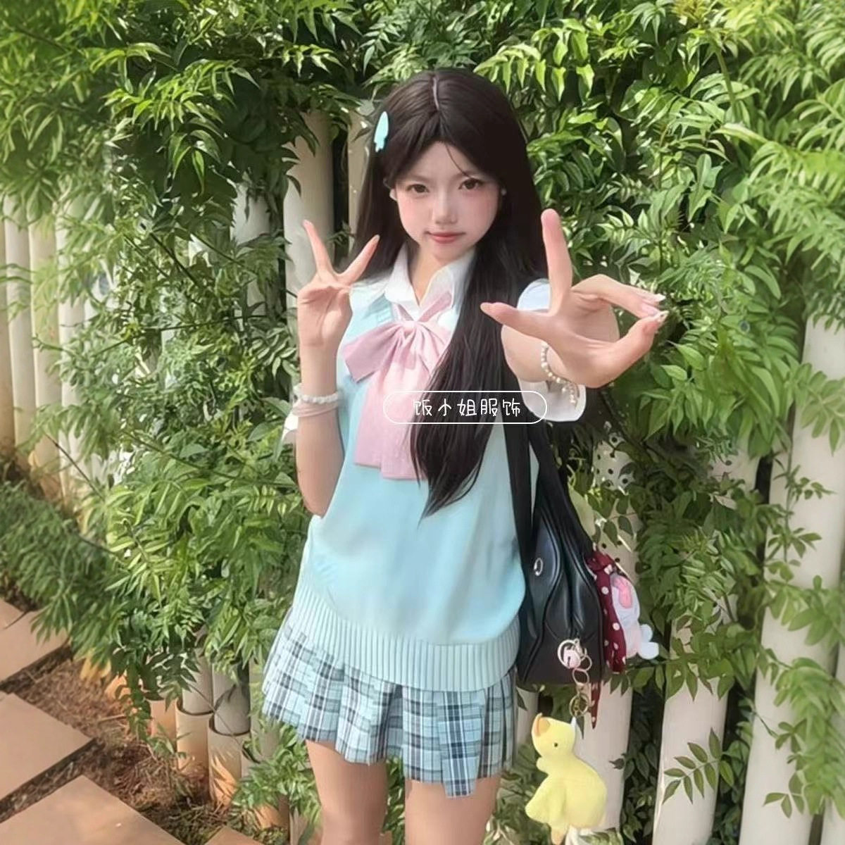 松蓝/薄荷绿日系原创jk制服夏季甜美风v领马甲衬衫格裙学院风套装