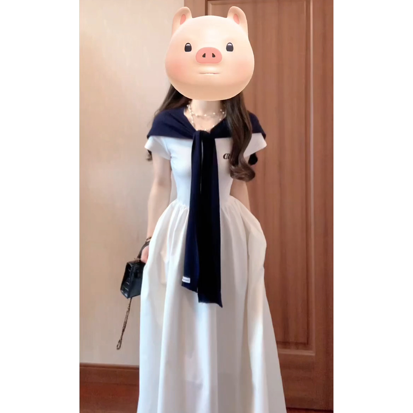 韩系学院风白色披肩连衣裙子女夏2026新款减龄休闲巨好看掐腰长裙