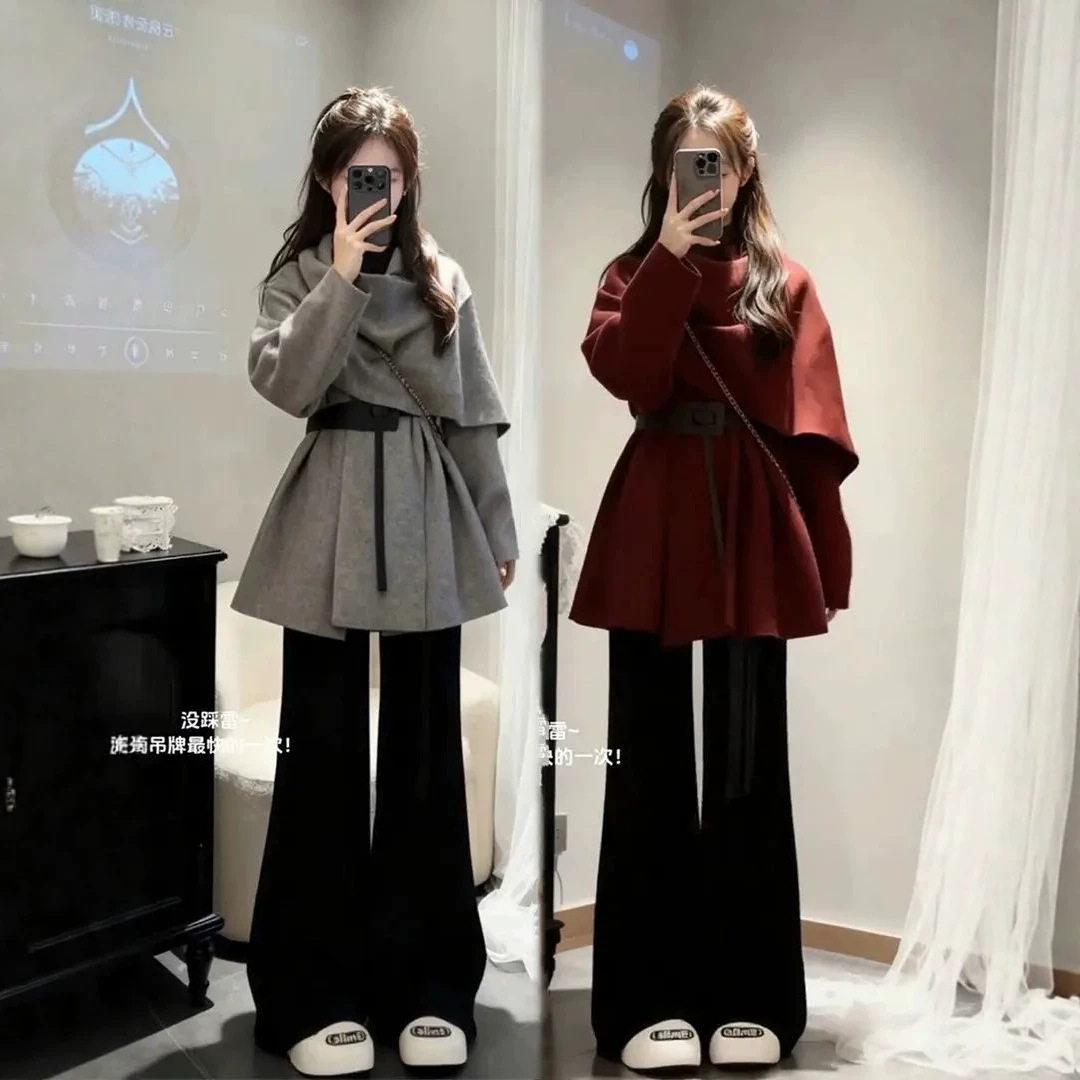 秋冬气质一整套ootd穿搭斗篷大衣外套微喇裤绝美大方得体两件套女