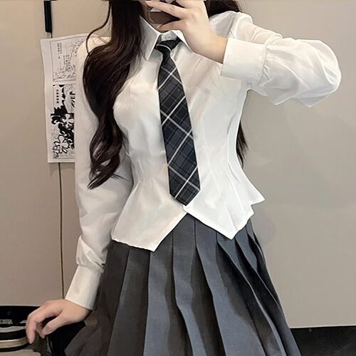 jk收腰衬衫女长袖辣妹百褶裙制服套装百搭修身显瘦日系学院风