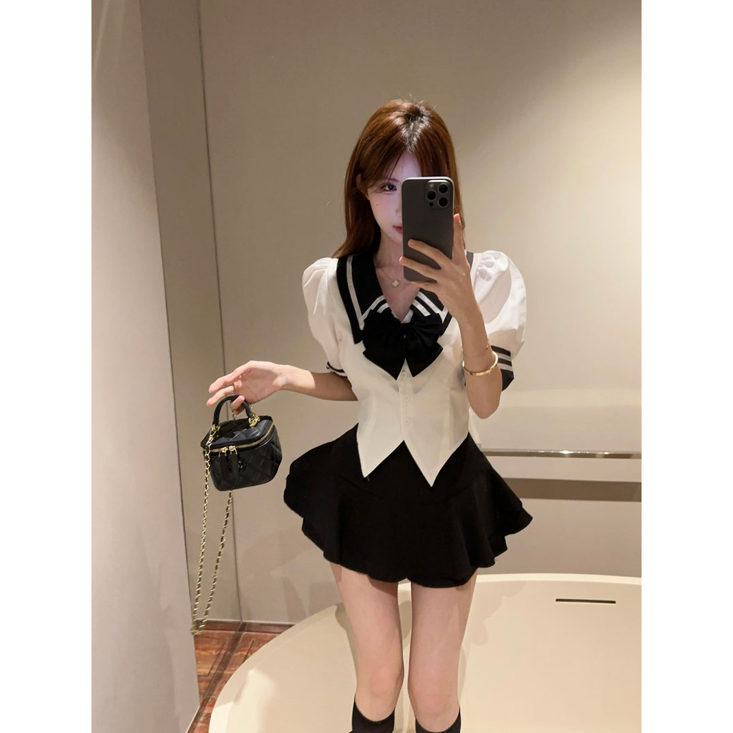 辣妹jk制服套装收腰短袖领结衬衫蓬蓬短裙裤学院两件套