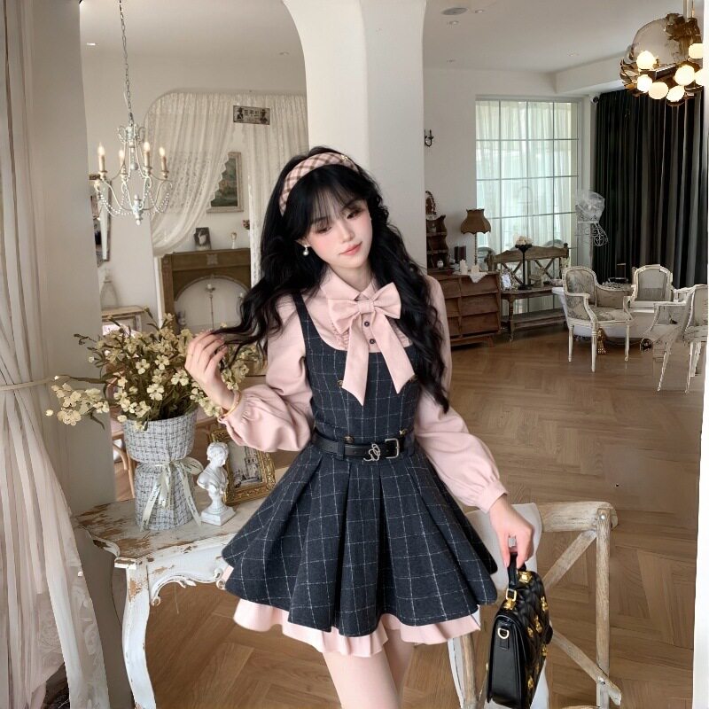 大码微胖mm少女感蝴蝶结衬衫格纹毛呢收腰显瘦蓬蓬百褶连衣裙短裙