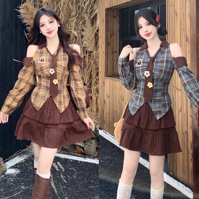 微胖mm美式复古露肩格子衬衫上衣女春秋高腰显瘦a字短裙两件套潮