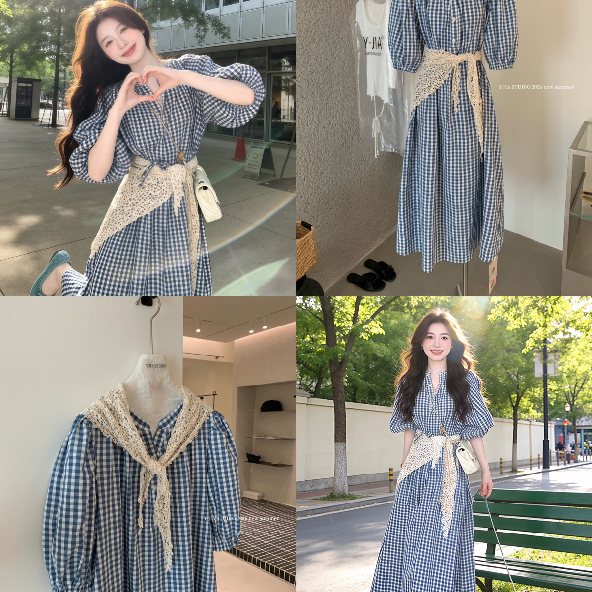 甜美蓝色格子裙学院风仙女裙连衣裙(配屁帘)