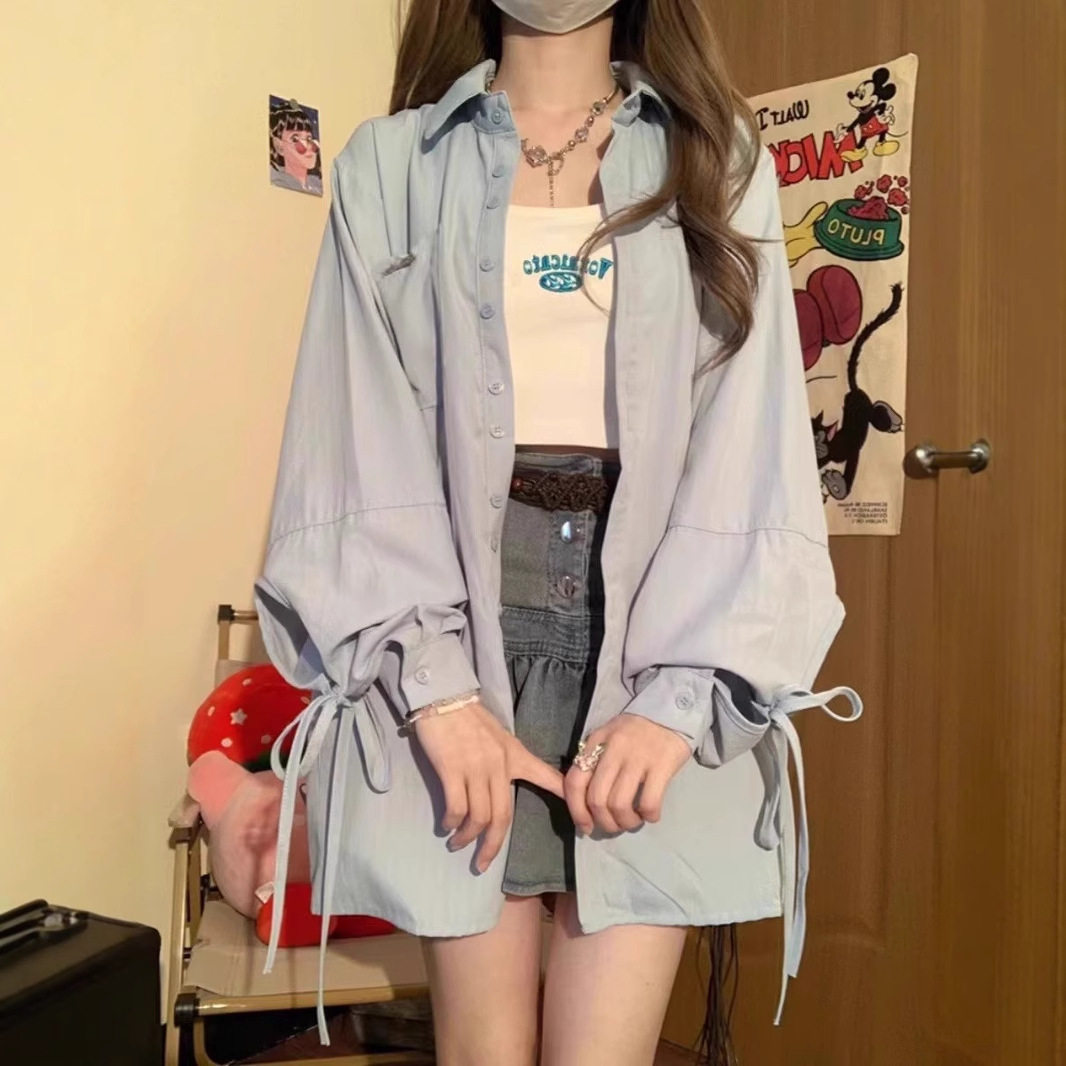 设计感小众绑带长袖衬衫女早秋宽松休闲百搭情侣学院风衬衣薄外套
