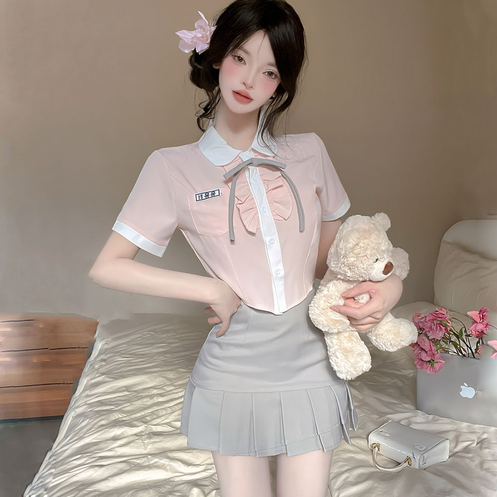 JK制服纯欲学院风套装女甜美蝴蝶结粉衬衫灰百褶裙两件套