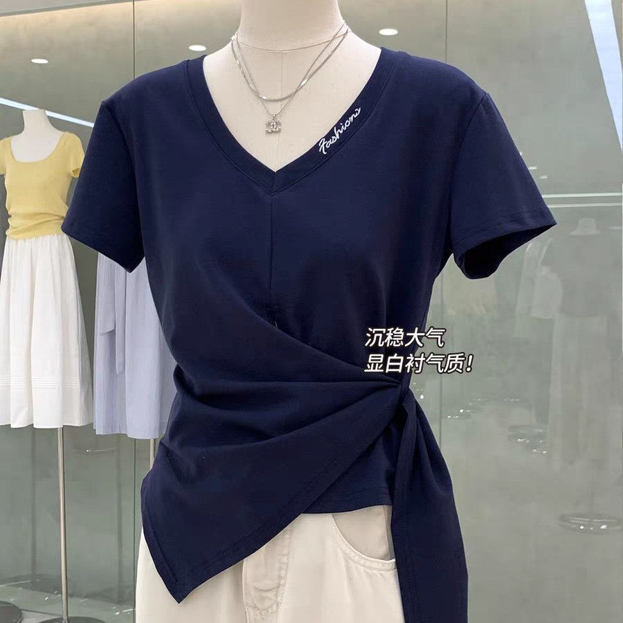 短袖T恤女夏季新款甜辣妹V领字母刺绣设计感绑带收腰显瘦别致上衣