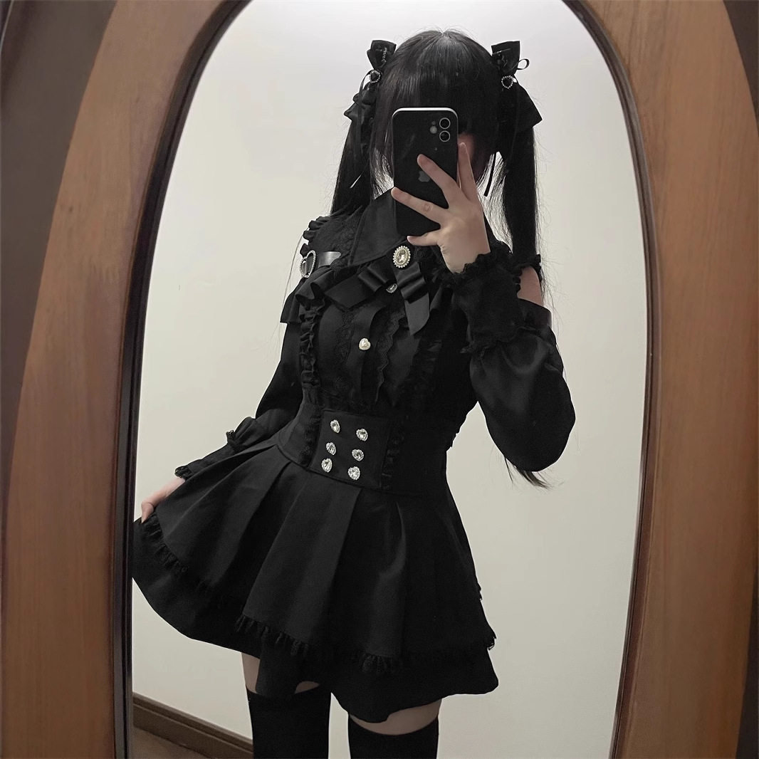 甜心邂逅暗黑量产型少女多色露肩衬衫+高腰半裙两件套套装