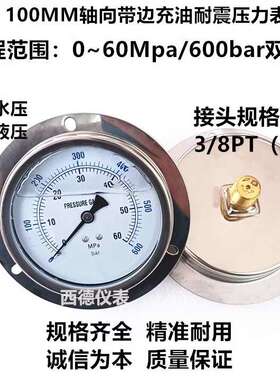 100MM轴向带边高压充油压力表 60MPA/600BAR充油耐震压力表油压表