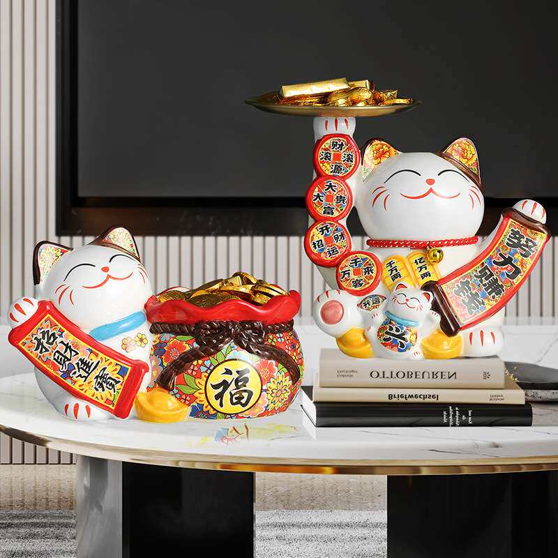 新品招财猫摆件青花瓷创意家居饰品钥匙收纳茶几玄关门口装饰桌面
