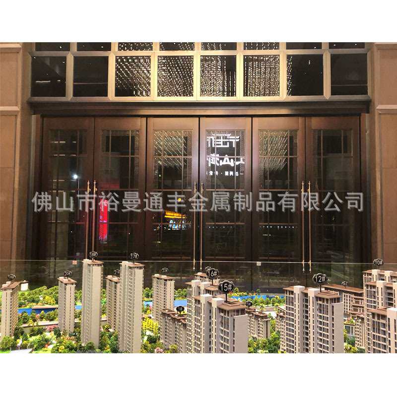 酒店售楼部工程新中式仿古铜色不锈钢钢化玻璃平开门地弹门