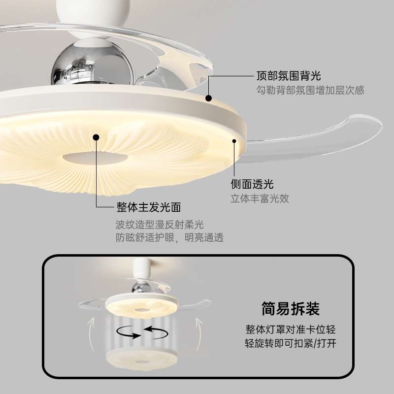 新款奶油风风扇灯法式全光谱护眼隐形吊扇灯静音一体餐厅卧室灯具