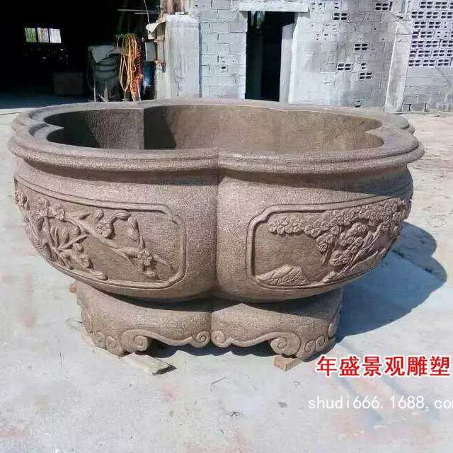 仿古做旧流水石缸 浮雕鲤鱼水缸摆件 园林景观雕塑老石盆惠安雕刻