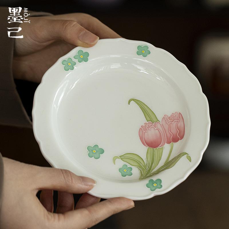 墨己玉泥白瓷手绘有田烧郁金香陶瓷壶承茶道配件家用茶点盘干泡盘