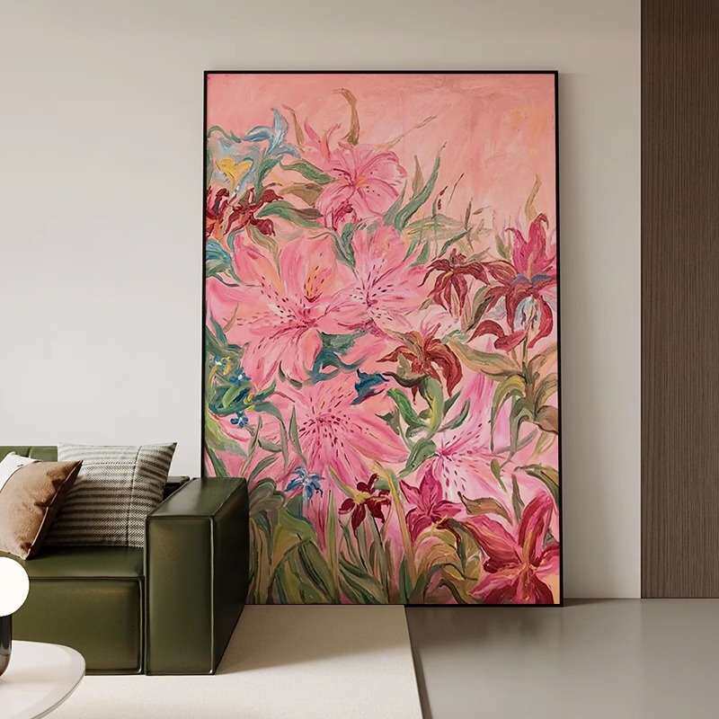 百合花多巴胺奶油风纯手绘油画抽象肌理客餐厅玄关走廊装饰画