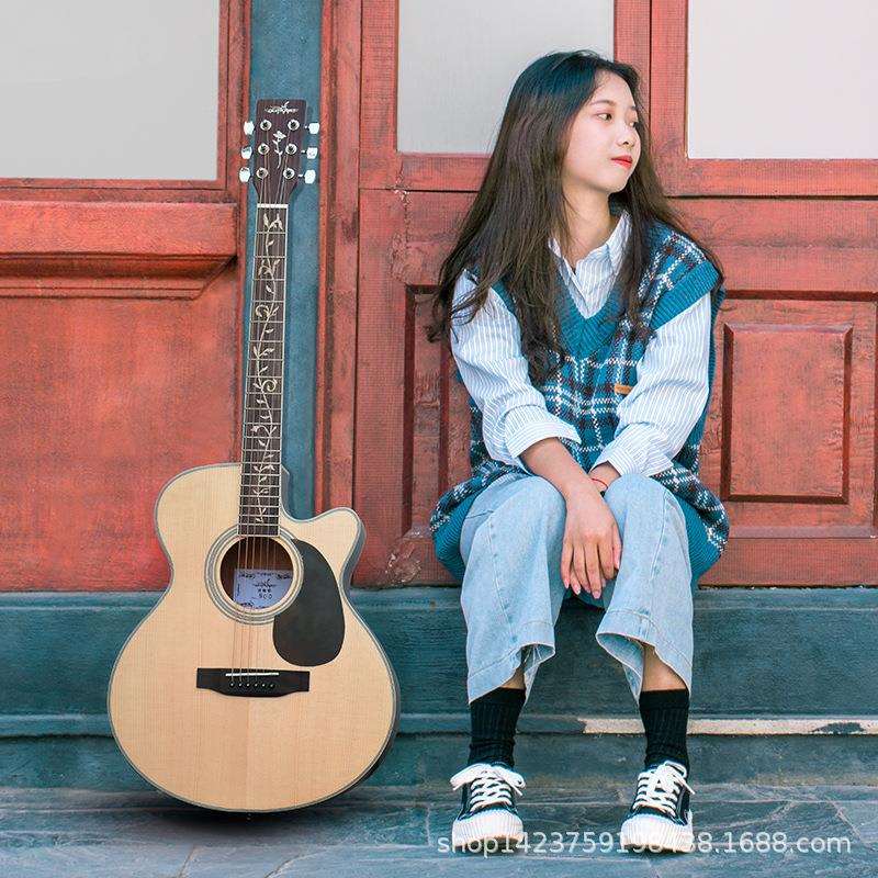 guitarist吉他40寸民谣木吉他单板云杉桃花心缺角演奏演出