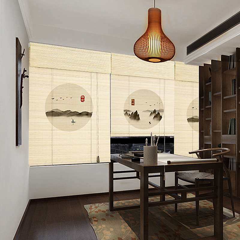 茶室中式禅意玄关隔断背景装饰窗帘卷拉式印花山水画竹帘卷帘竹丝