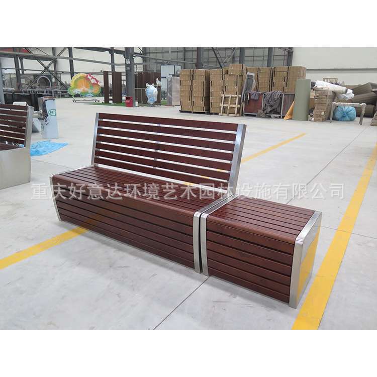 户外钢木长椅 不锈钢带靠背公园椅 广场组合座椅 景观休闲长条凳