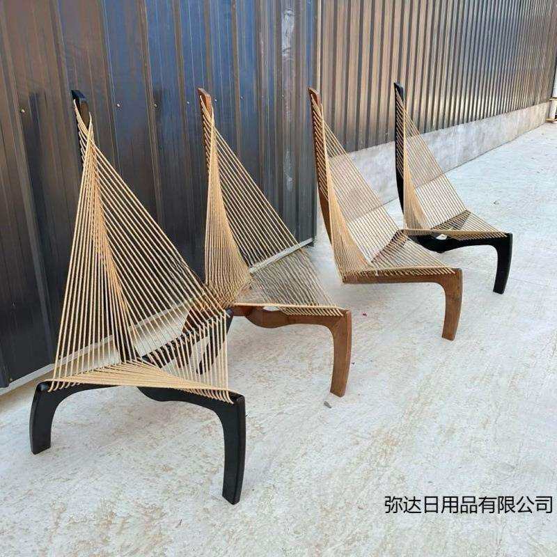 客厅白蜡木实木椅设计师款轻奢艺术创意庭院躺椅帆船椅竖琴椅棉绳