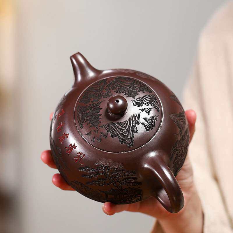 宜兴全手工原矿石红紫砂壶大容量500cc 半月泡茶壶通身满刻绘茶具