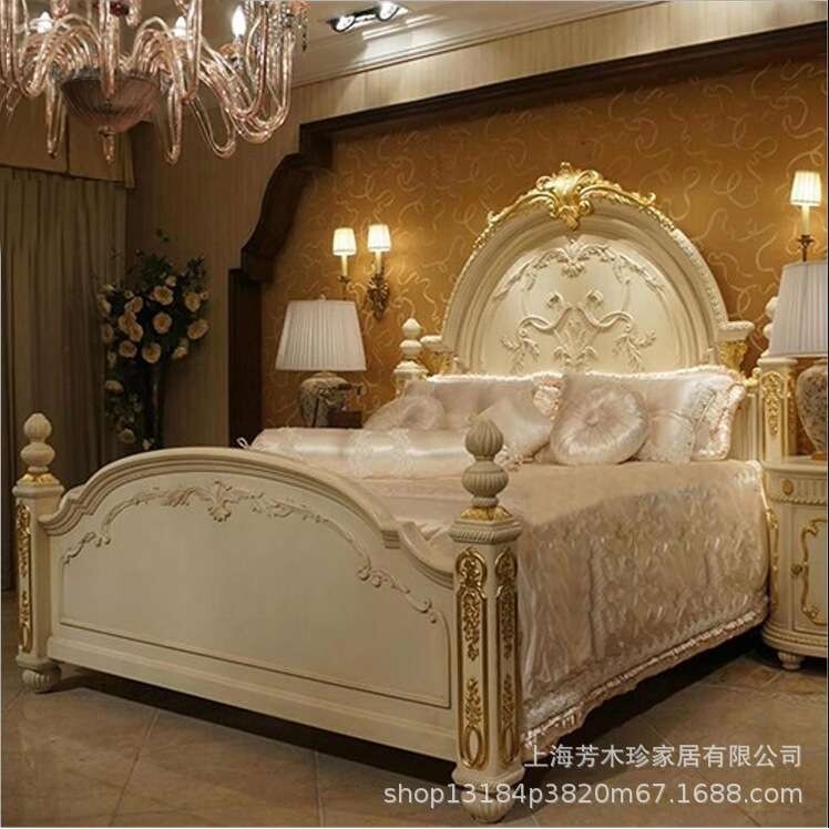 出口法式复古实木床美式实木雕花四柱双人床欧式公主床皇后描金床