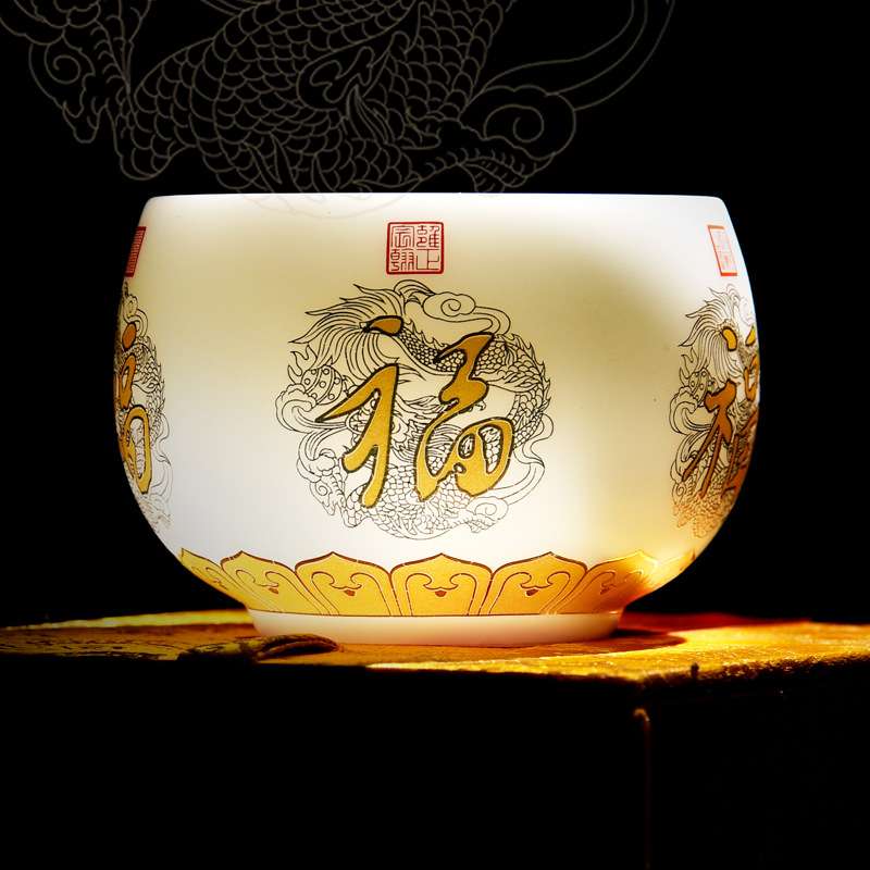 徐建勇大师弘一法师心经杯主人杯白瓷羊脂玉茶杯鎏金个人杯五福杯
