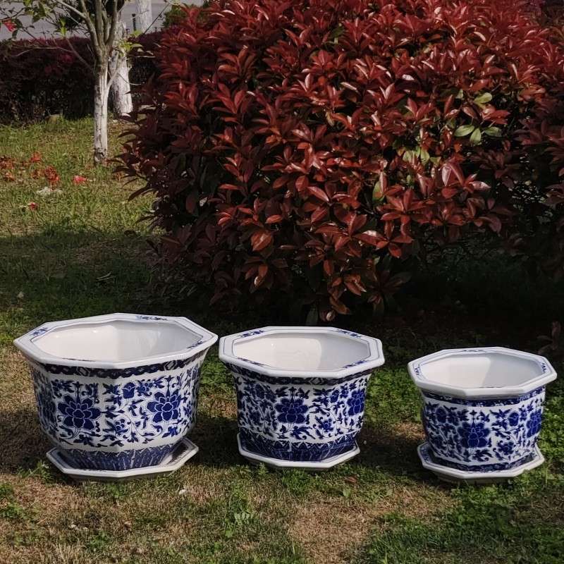 景德镇陶瓷花盆青花瓷芙蓉花八角盆带托盘阳台户外绿植盆栽花盆