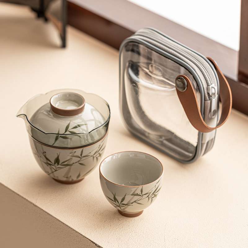 手绘翠绿文竹旅行茶具套装便携式一壶两杯车载户外露营陶瓷快客杯