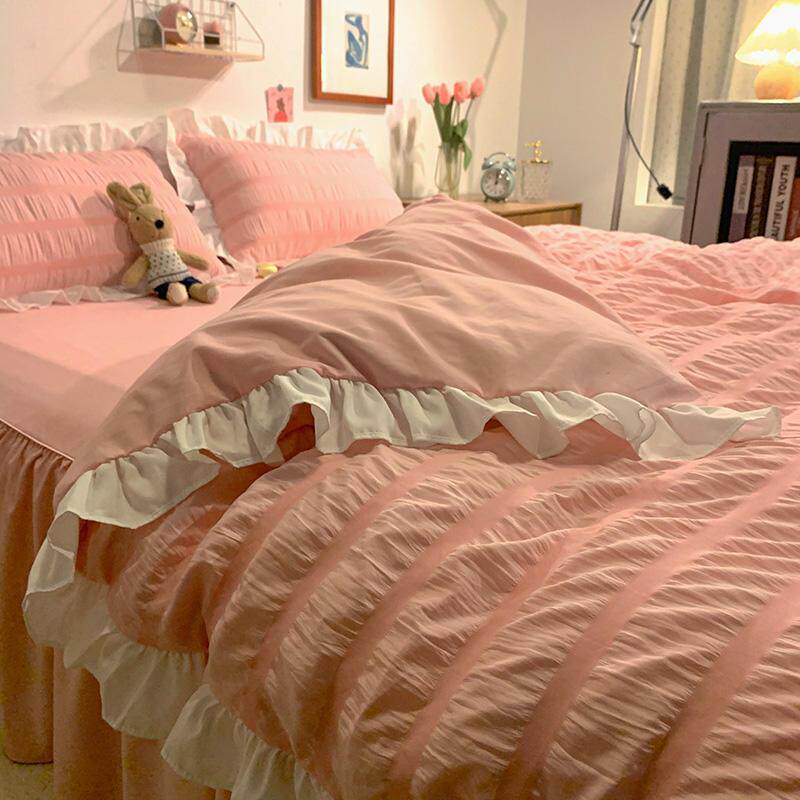 A类小仙女公主风柔软泡泡纱荷叶花边床裙床单床上用品纯棉四件套