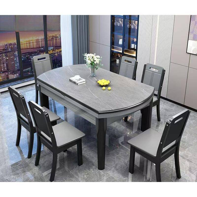 亮光岩板餐桌椅子组合实木伸缩折叠现代简约可变圆桌子家用小户型