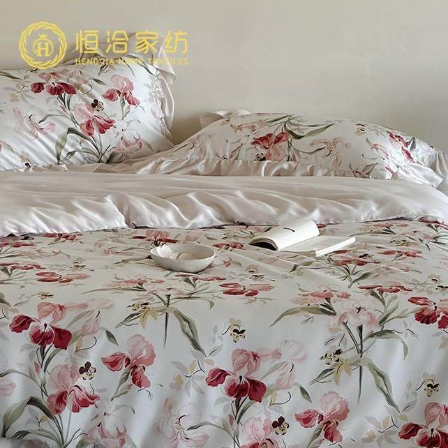 夏季丝滑凉感双面莱赛尔四件套花卉数码印花冰丝裸睡被套床品灰蓝