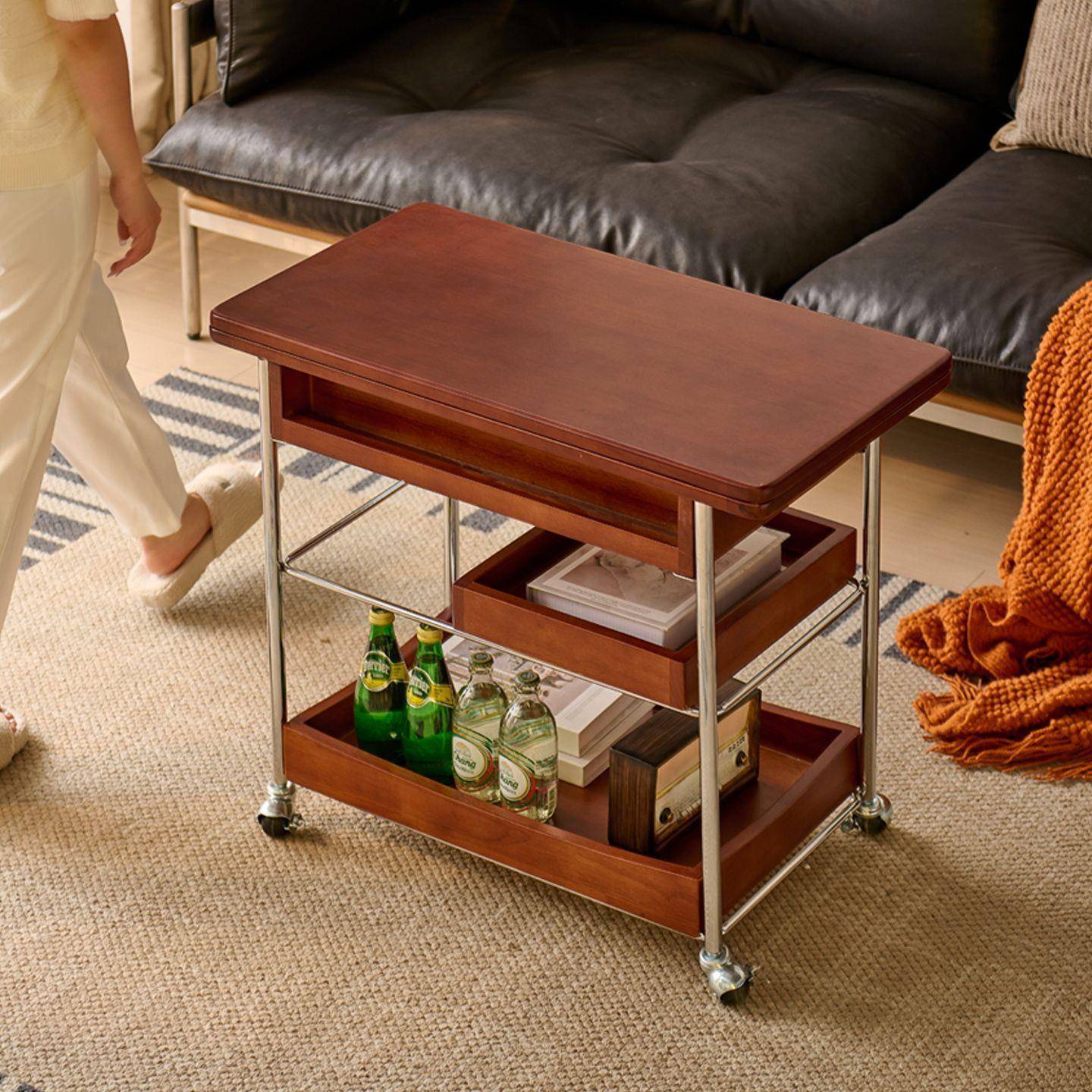 实木茶几小推车家用客厅移动古风小户型中古折叠复古沙发升降收纳