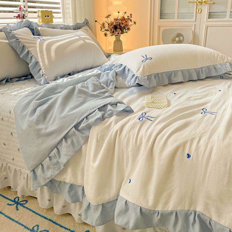 韩版小清新夏被四件套可机洗花边夏凉被床盖款家用少女主卧薄被子