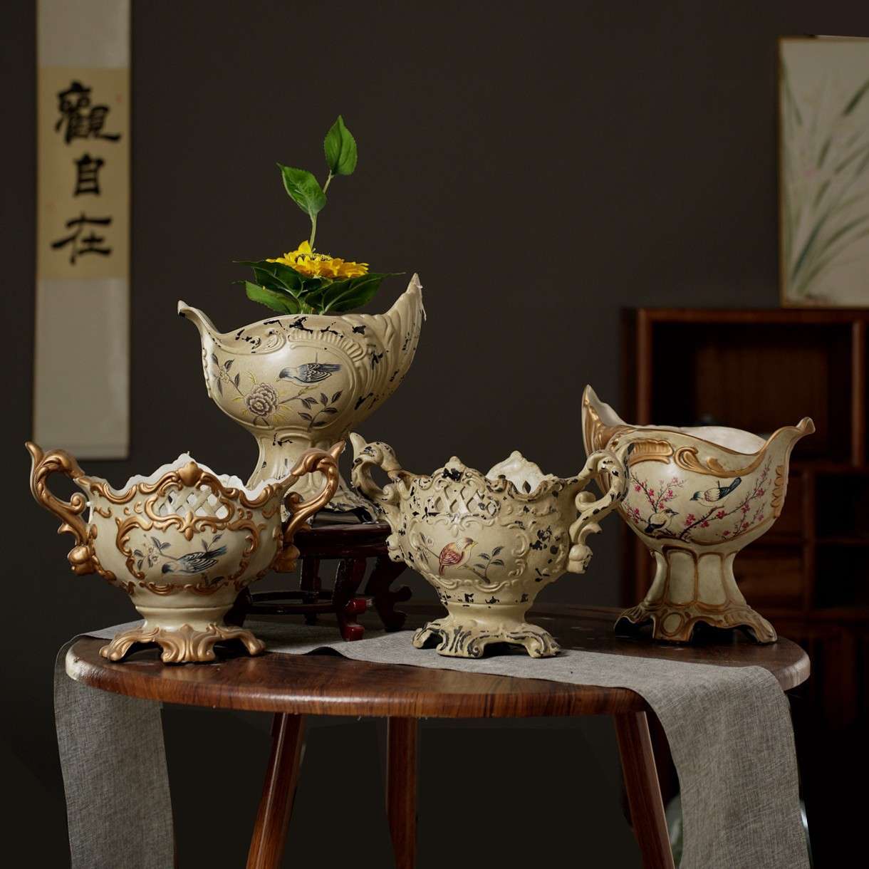 欧式复古陶瓷果盘套装浮雕陶瓷花瓶客厅奢华水果盘创意茶几摆件